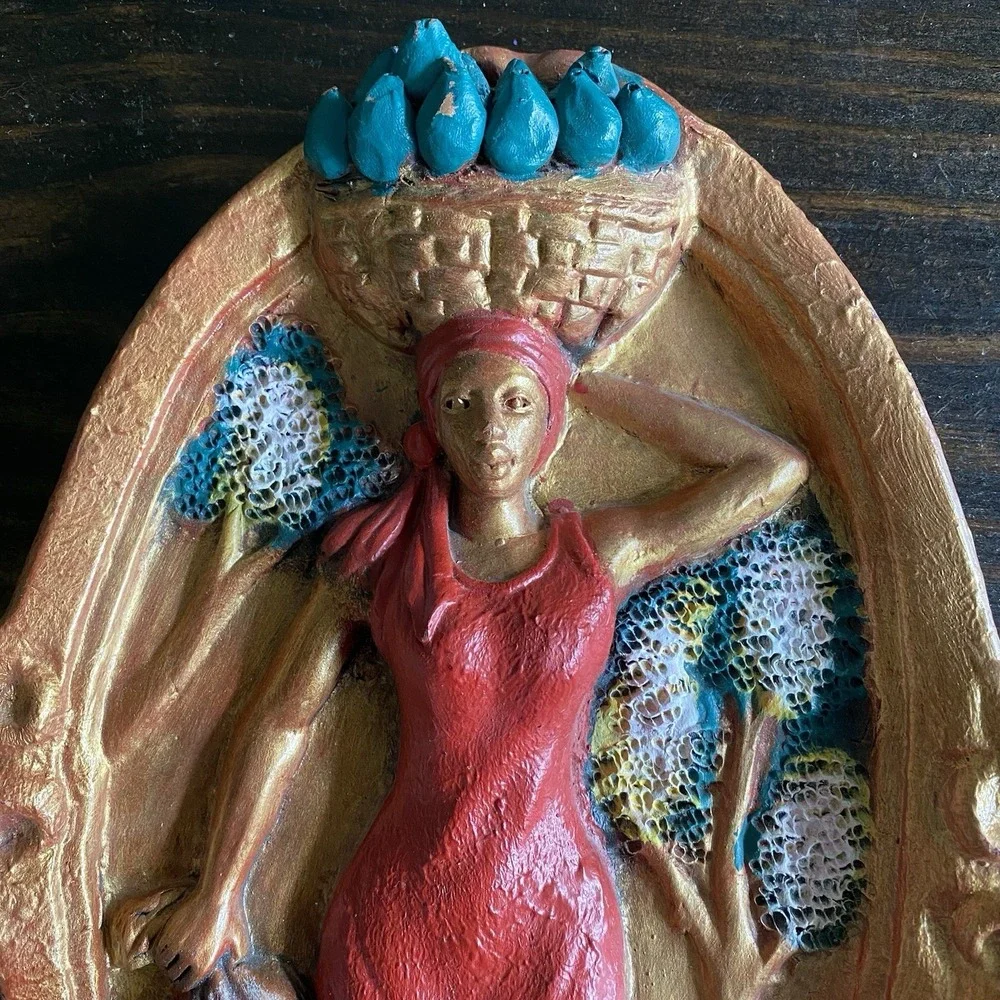 Hand Carved African Woman Mother Carrying Fruit Basket Wall Hanging Art 15